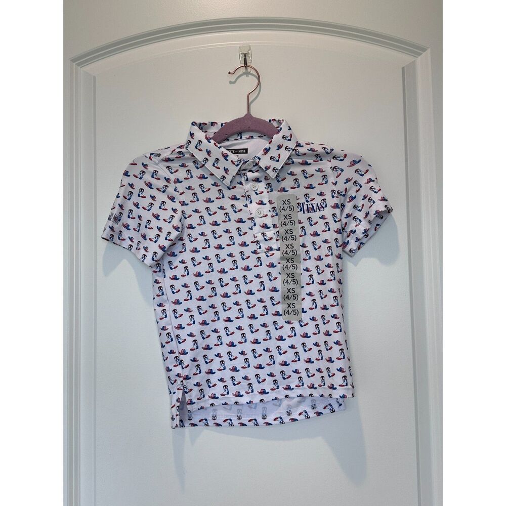NWT State of Mine Texas Polo Shirt White Red White Blue Print Size Boys XS